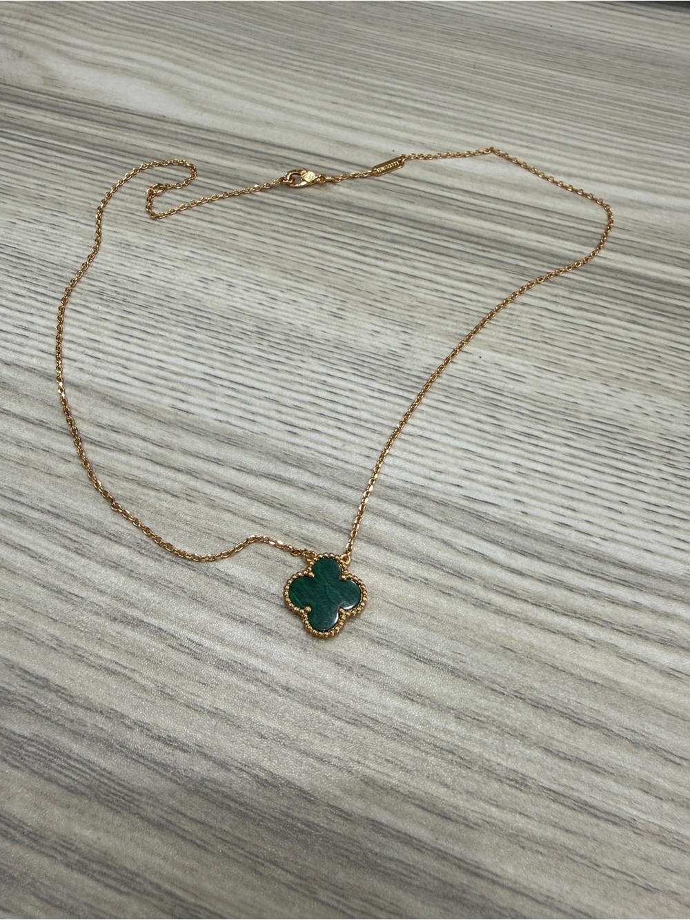 Van Cleef & Arpels Gold Necklace with Green Alhambra Clover Pendant